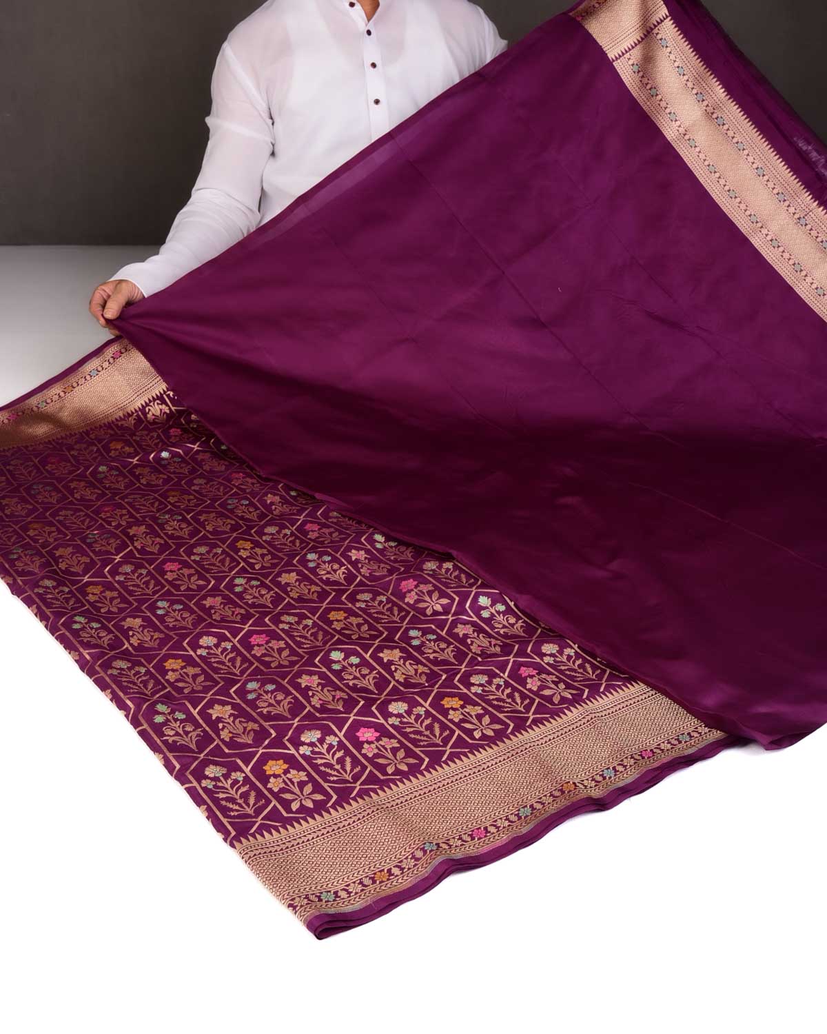 Byzantium Purple Floral Grids Cutwork Brocade Handwoven Katan Silk Banarasi Saree-HolyWeaves