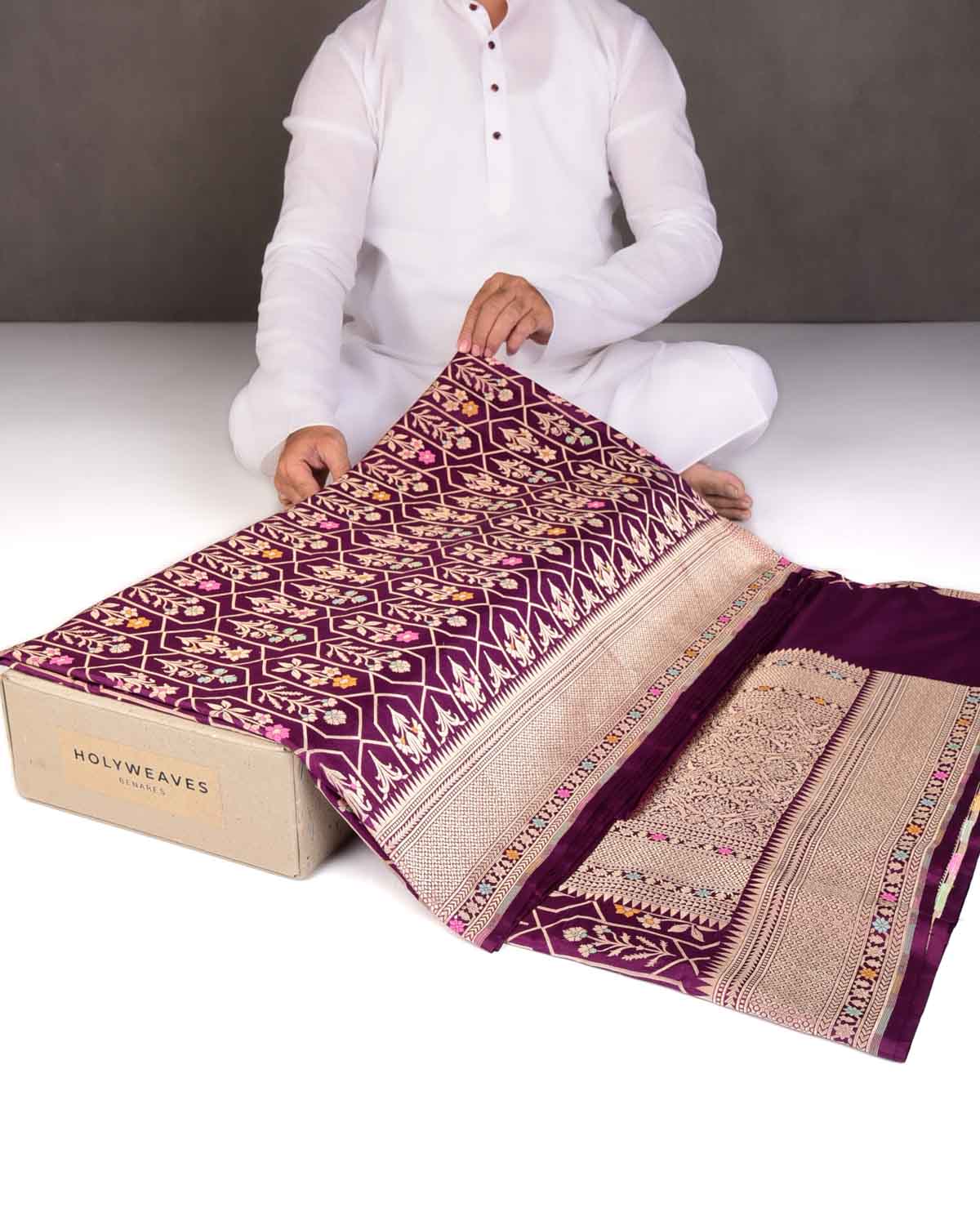 Byzantium Purple Floral Grids Cutwork Brocade Handwoven Katan Silk Banarasi Saree-HolyWeaves