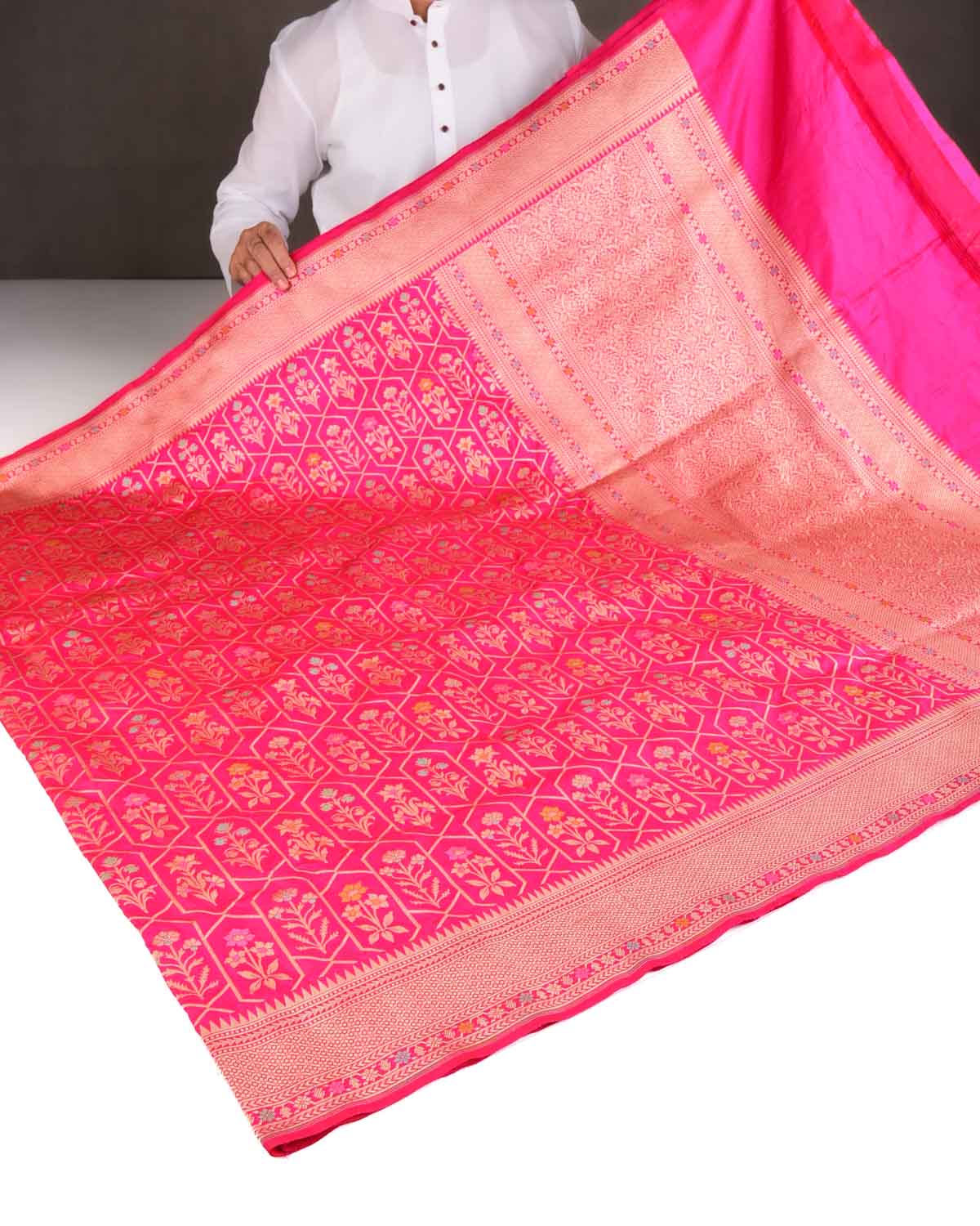 Rani Pink Floral Grids Cutwork Brocade Handwoven Katan Silk Banarasi Saree