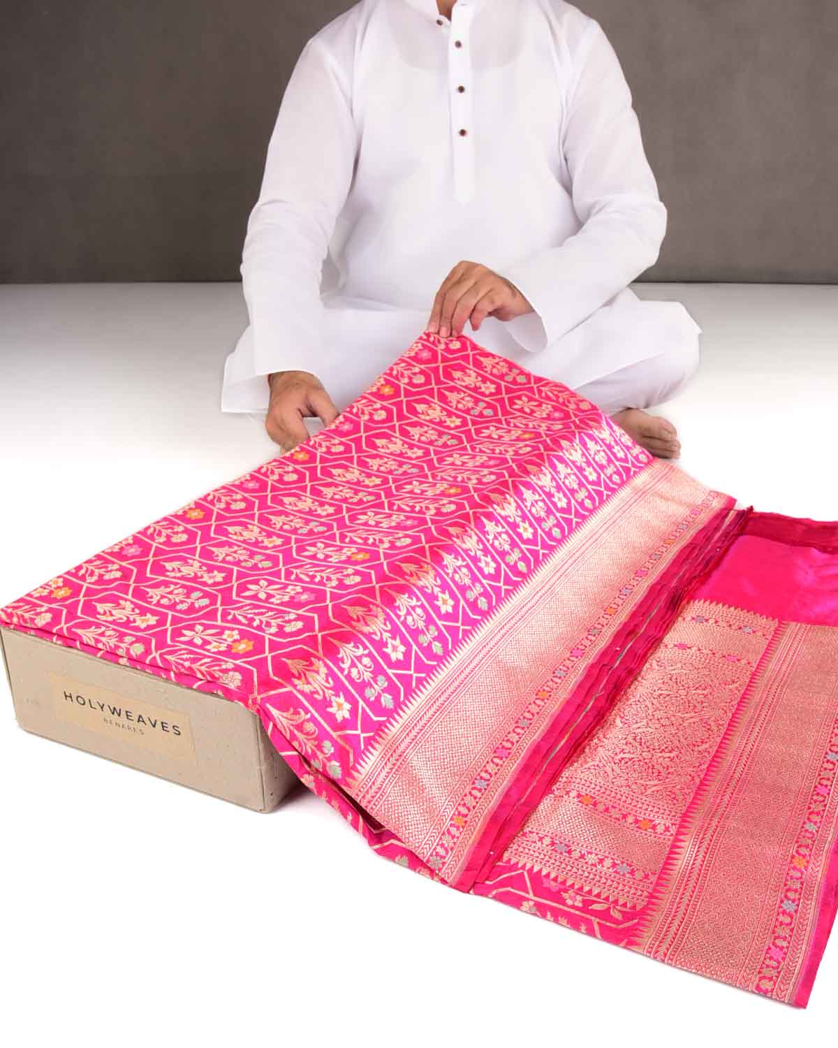 Rani Pink Floral Grids Cutwork Brocade Handwoven Katan Silk Banarasi Saree