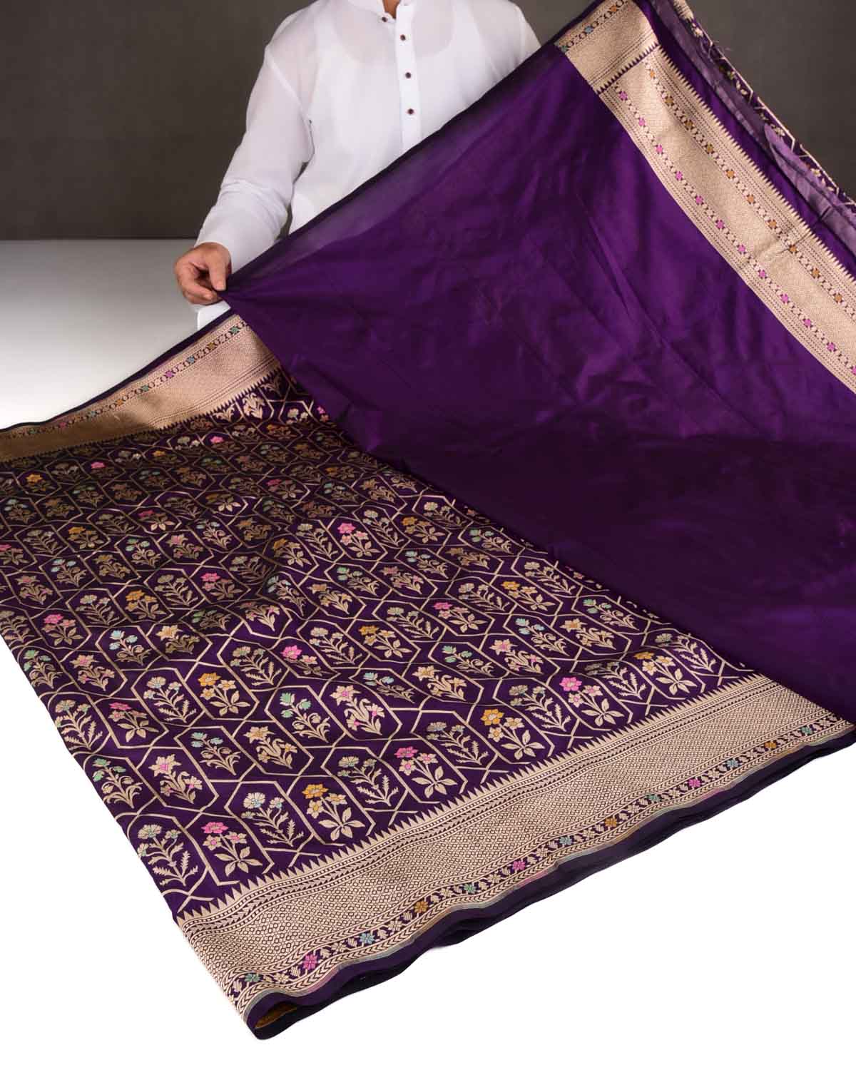 Purple Floral Grids Cutwork Brocade Handwoven Katan Silk Banarasi Saree-HolyWeaves