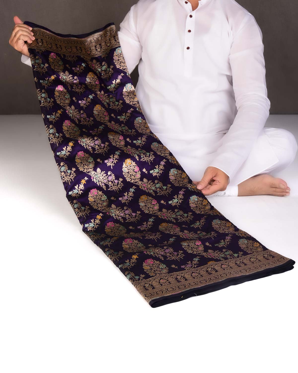 Midnight Purple Tehra Floral Jaal Cutwork Brocade Handwoven Katan Silk Banarasi Saree-HolyWeaves