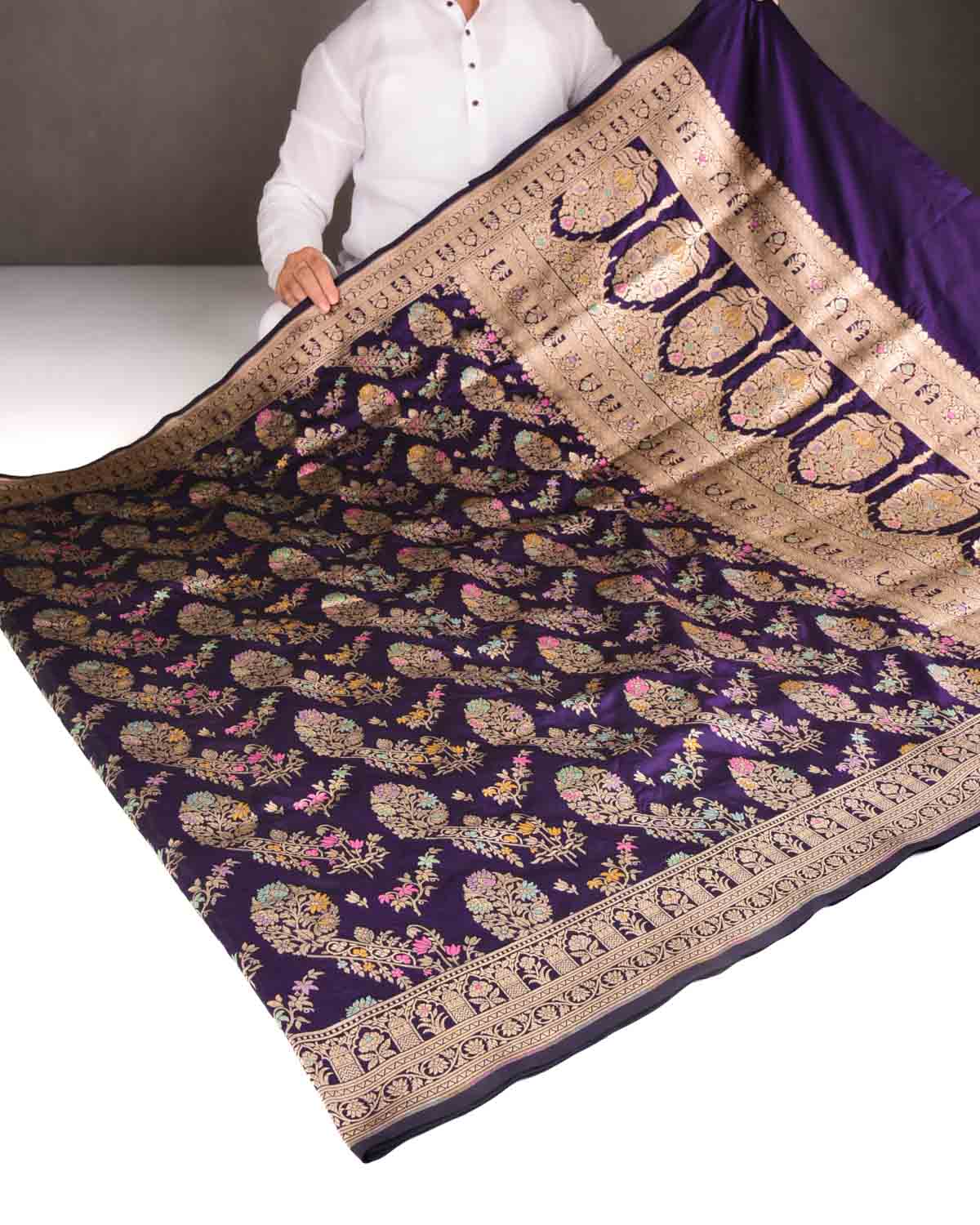 Midnight Purple Tehra Floral Jaal Cutwork Brocade Handwoven Katan Silk Banarasi Saree-HolyWeaves