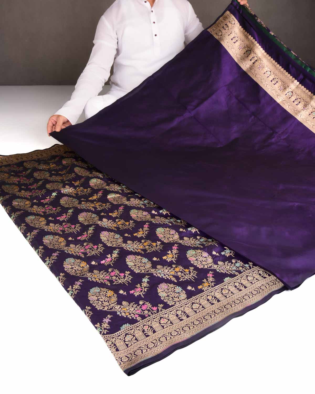 Midnight Purple Tehra Floral Jaal Cutwork Brocade Handwoven Katan Silk Banarasi Saree-HolyWeaves
