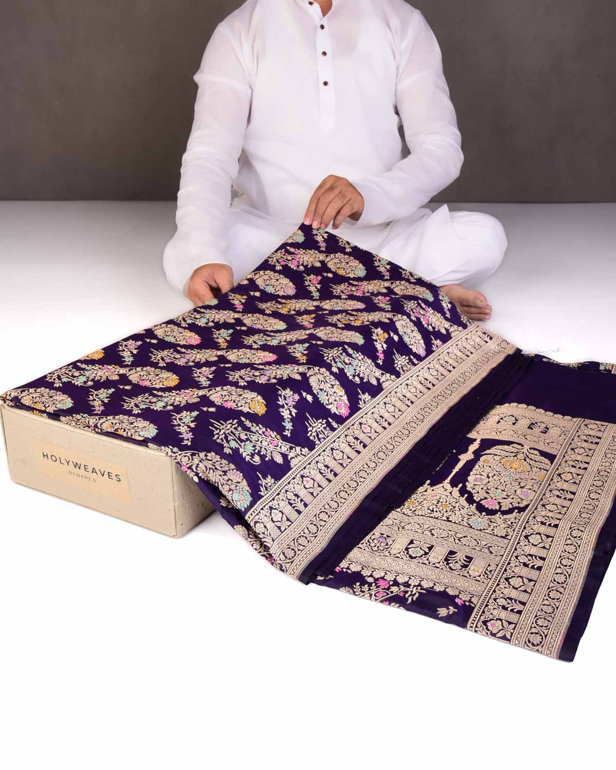 Midnight Purple Tehra Floral Jaal Cutwork Brocade Handwoven Katan Silk Banarasi Saree-HolyWeaves