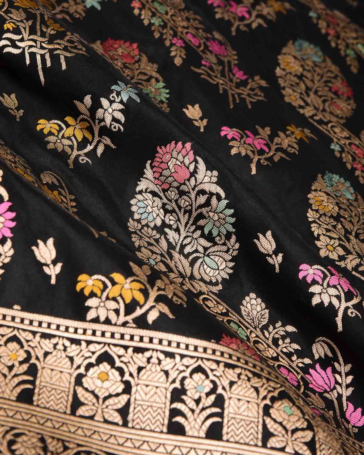 Black Tehra Floral Jaal Cutwork Brocade Handwoven Katan Silk Banarasi Saree-HolyWeaves