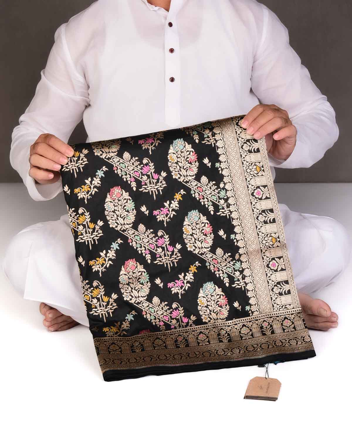 Black Tehra Floral Jaal Cutwork Brocade Handwoven Katan Silk Banarasi Saree-HolyWeaves