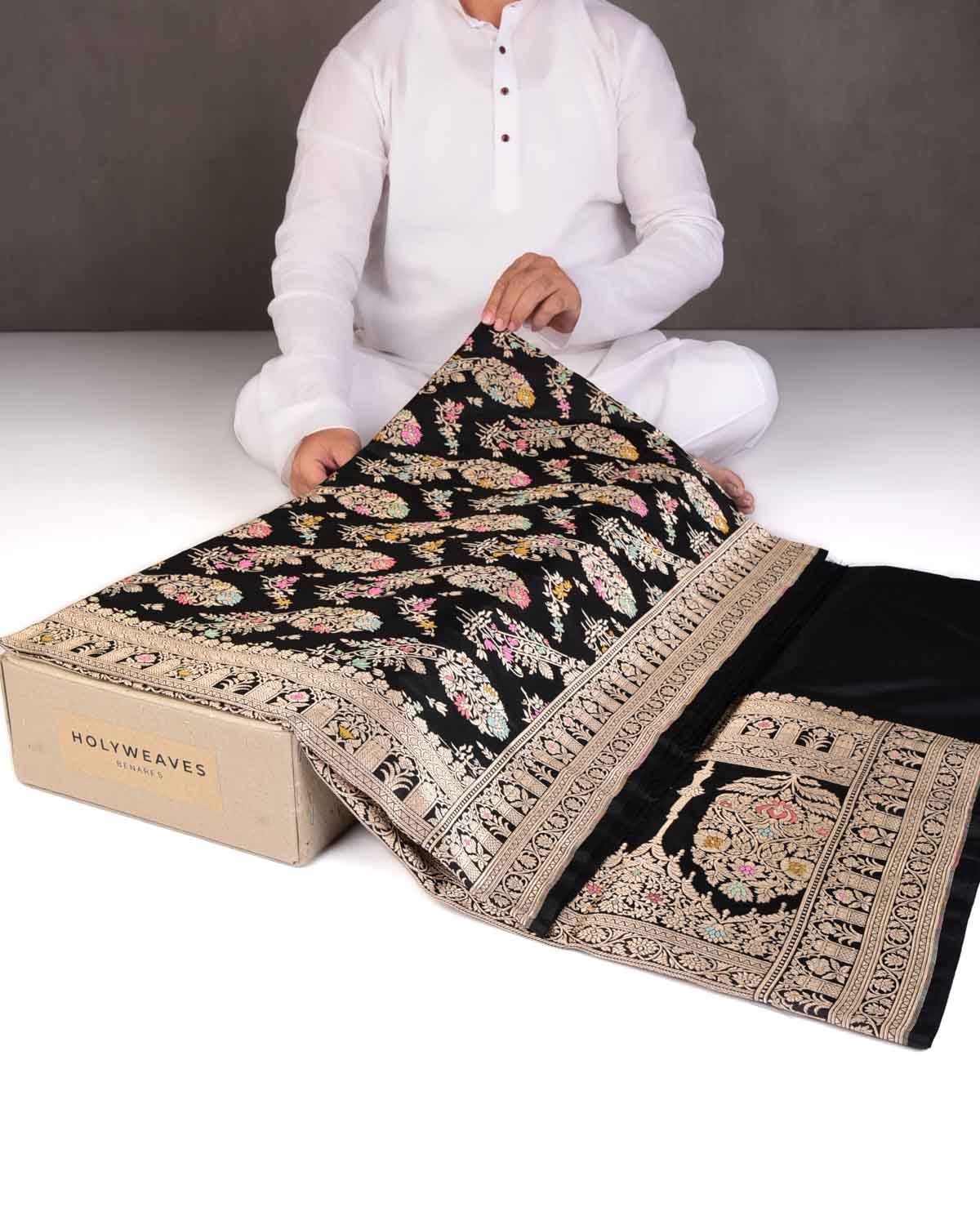 Black Tehra Floral Jaal Cutwork Brocade Handwoven Katan Silk Banarasi Saree-HolyWeaves