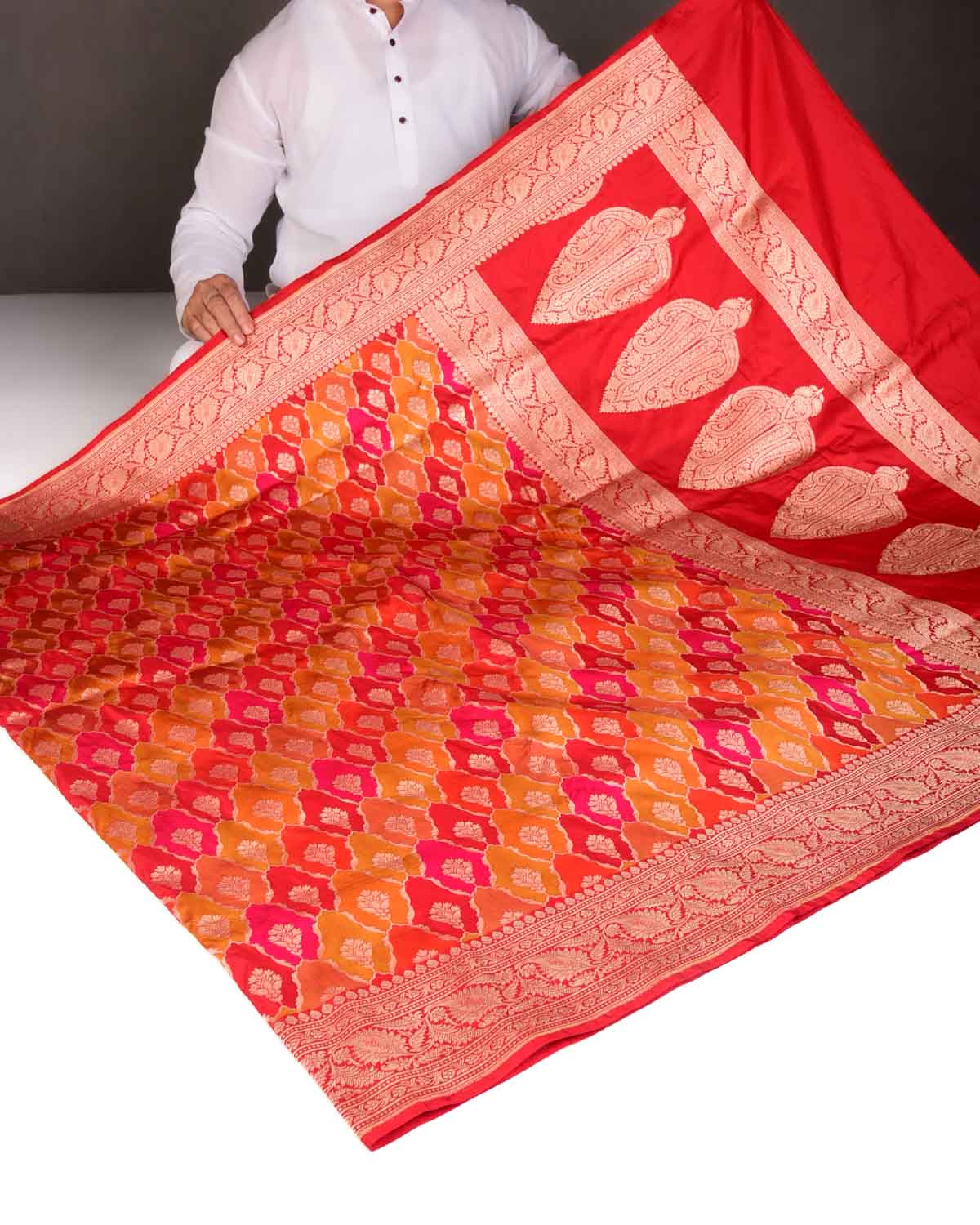 Bridal Multi-color Rangkaat Cutwork Brocade Handwoven Katan Silk Banarasi Saree-HolyWeaves