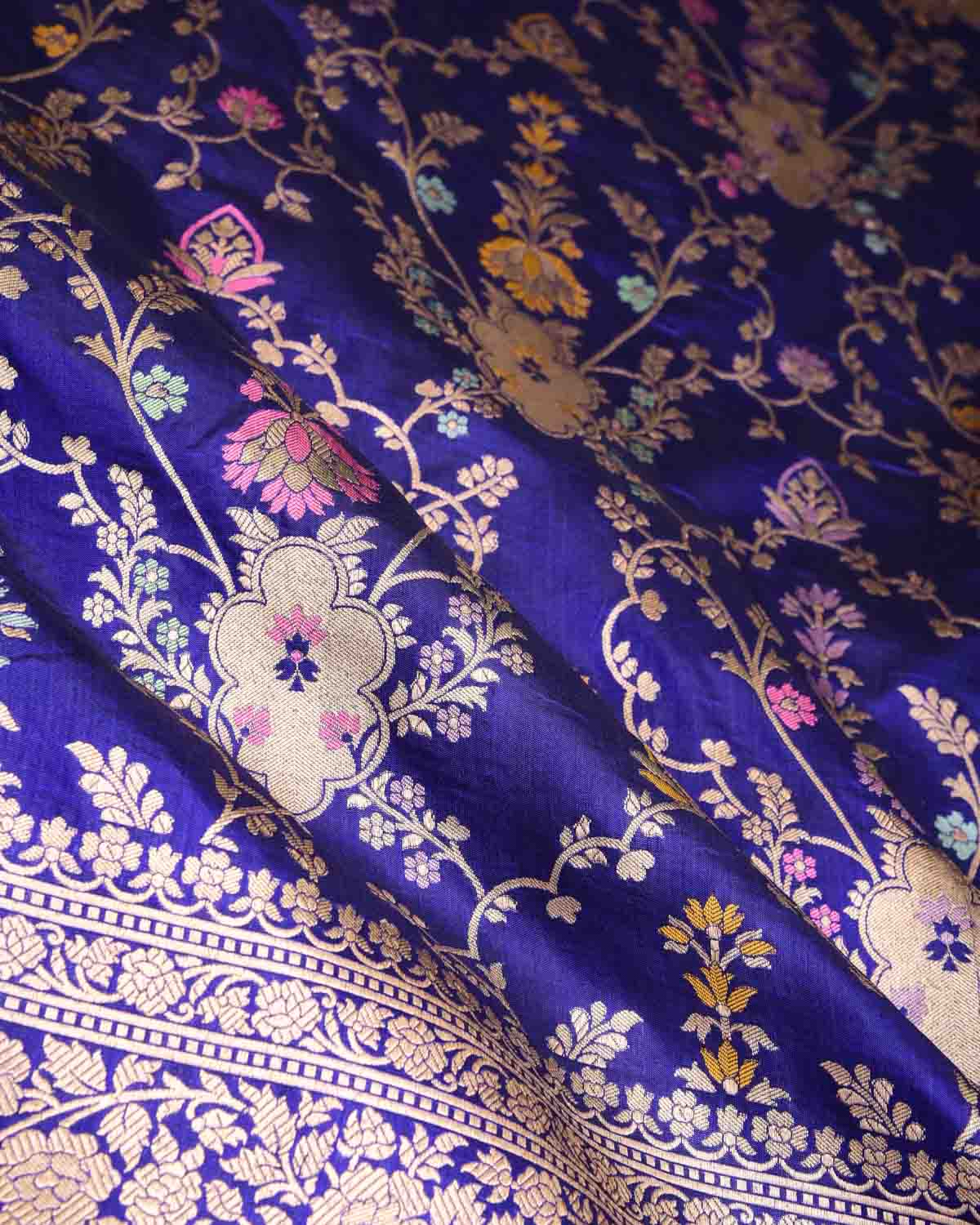 Royal Blue Tehra Floral Cutwork Cutwork Brocade Handwoven Katan Silk Banarasi Saree-HolyWeaves