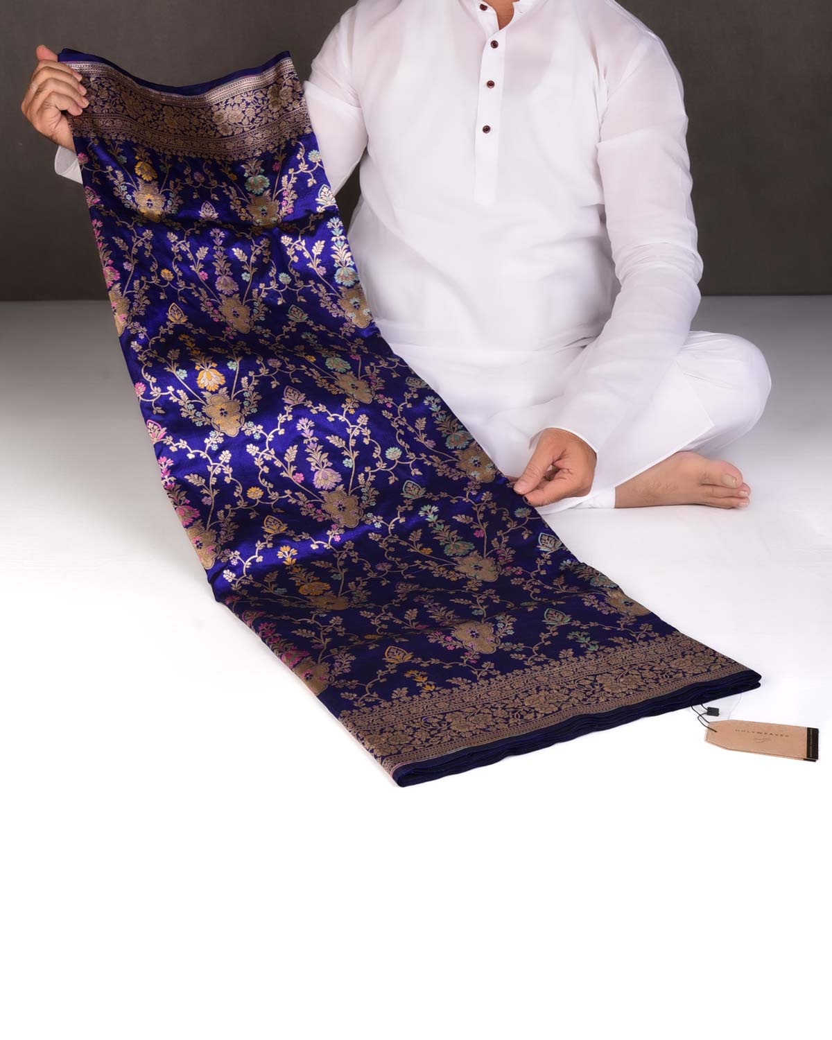 Royal Blue Tehra Floral Cutwork Cutwork Brocade Handwoven Katan Silk Banarasi Saree-HolyWeaves