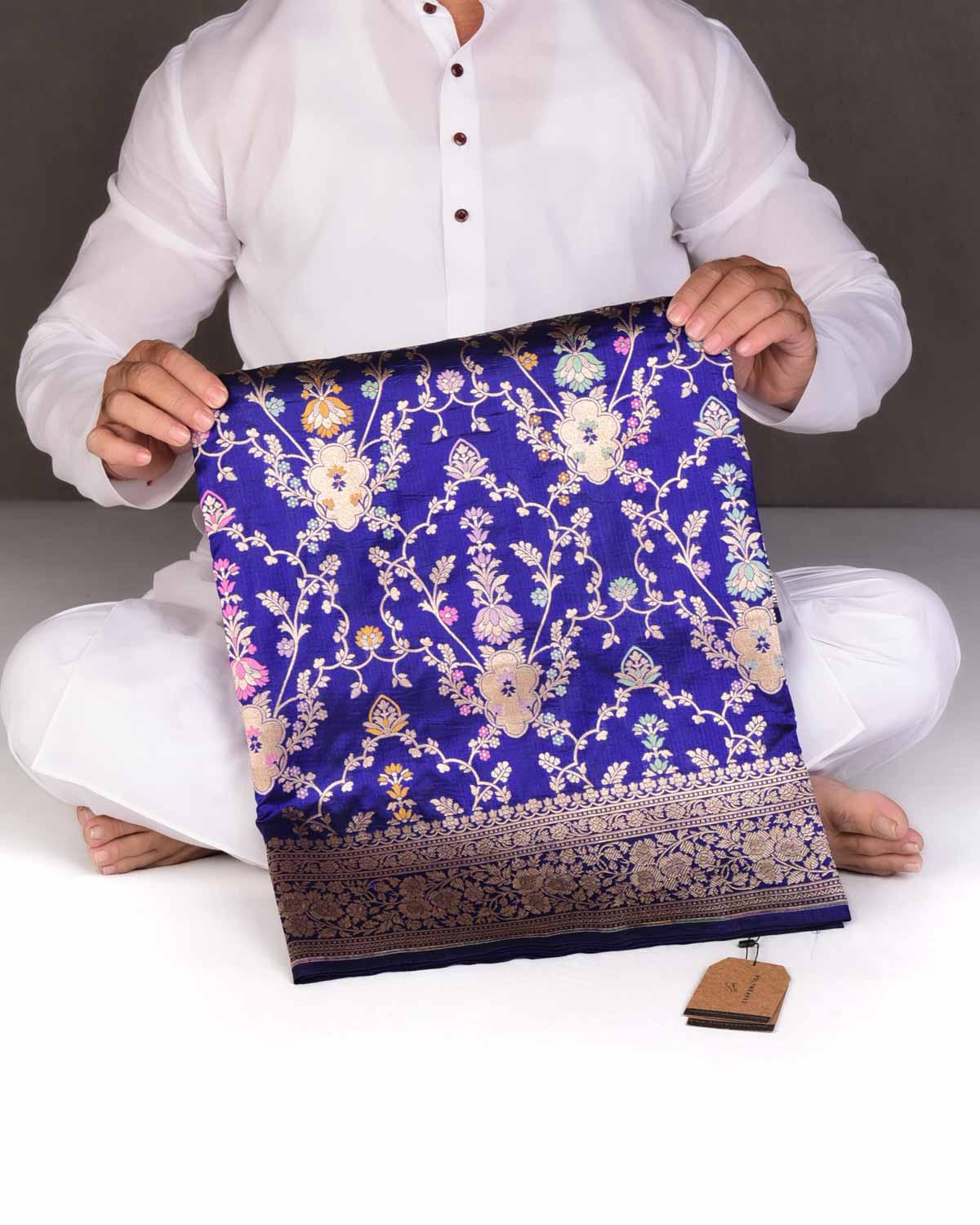 Royal Blue Tehra Floral Cutwork Cutwork Brocade Handwoven Katan Silk Banarasi Saree-HolyWeaves