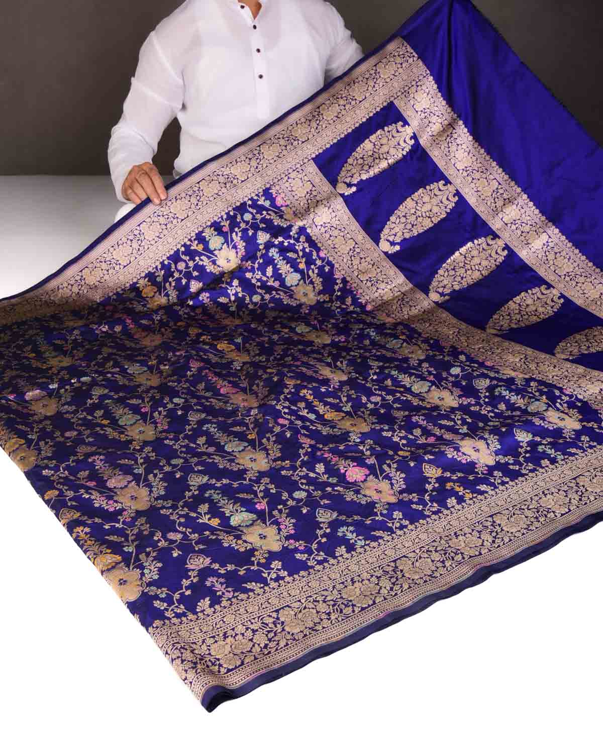 Royal Blue Tehra Floral Cutwork Cutwork Brocade Handwoven Katan Silk Banarasi Saree-HolyWeaves