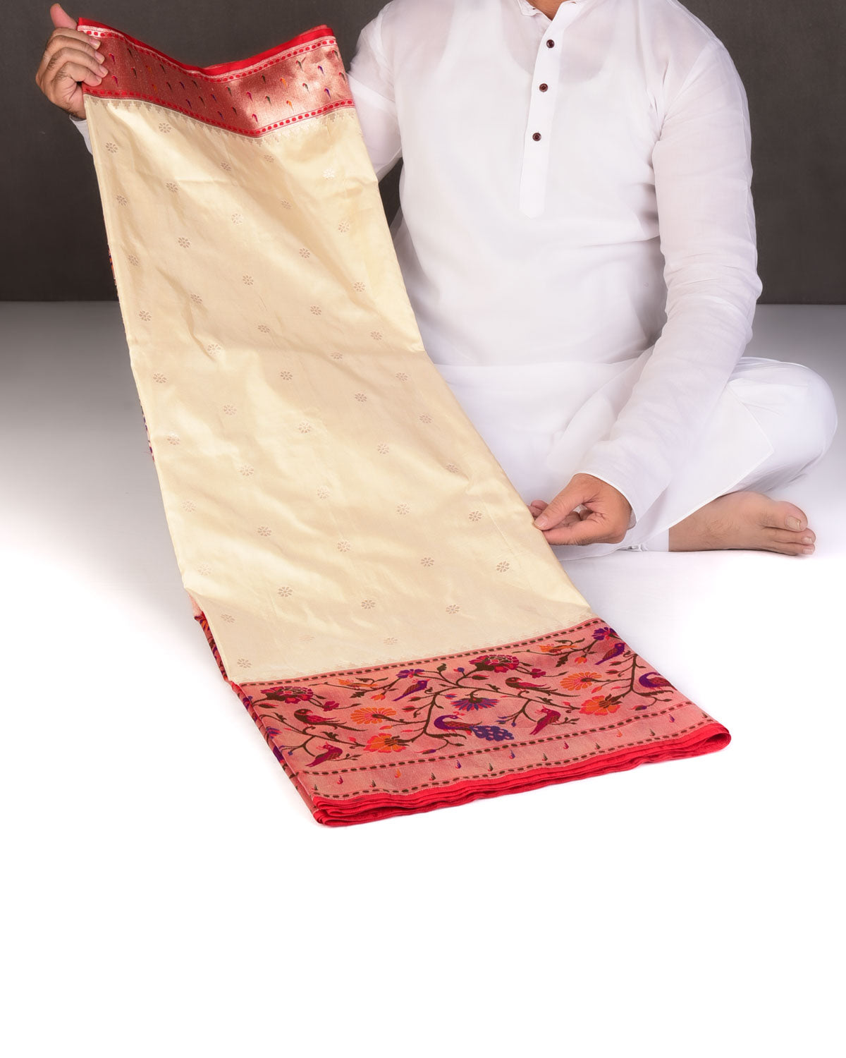 Cream Mayur Paithani Cutwork Brocade Handwoven Katan Silk Banarasi Saree-HolyWeaves