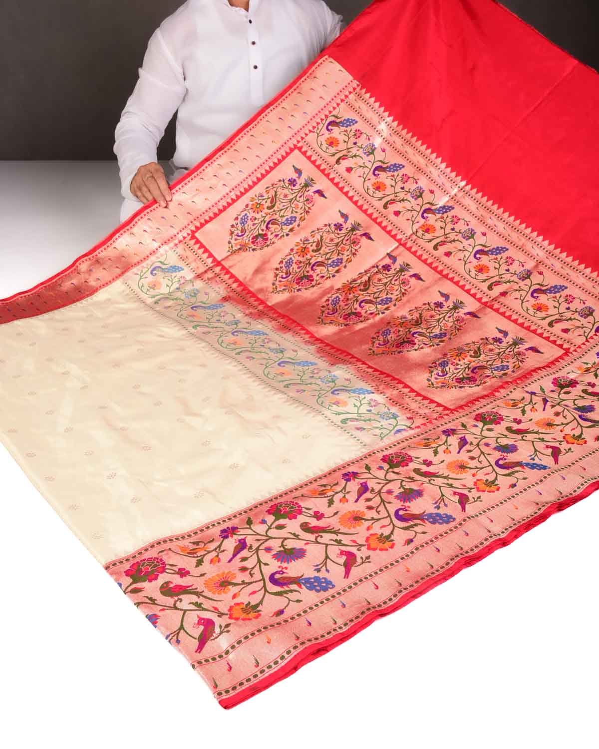 Cream Mayur Paithani Cutwork Brocade Handwoven Katan Silk Banarasi Saree-HolyWeaves