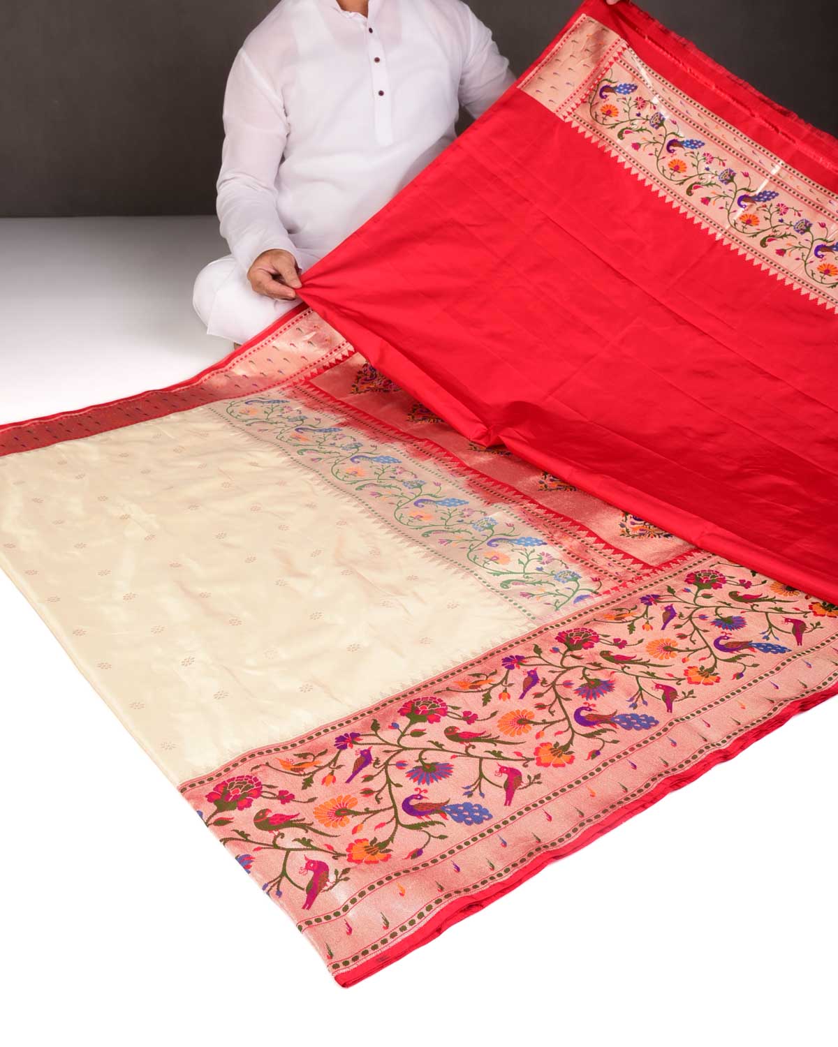 Cream Mayur Paithani Cutwork Brocade Handwoven Katan Silk Banarasi Saree-HolyWeaves