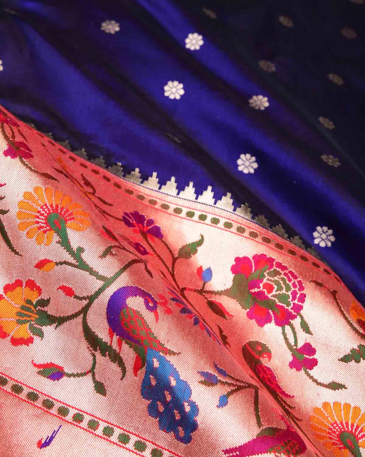 Navy Blue Mayur Paithani Cutwork Brocade Handwoven Katan Silk Banarasi Saree-HolyWeaves