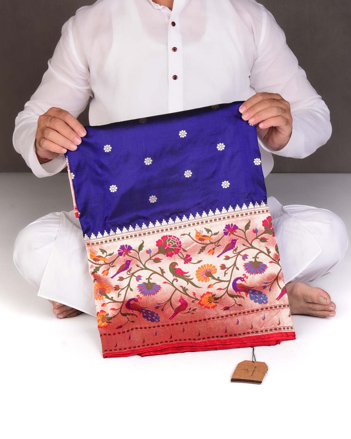 Navy Blue Mayur Paithani Cutwork Brocade Handwoven Katan Silk Banarasi Saree-HolyWeaves