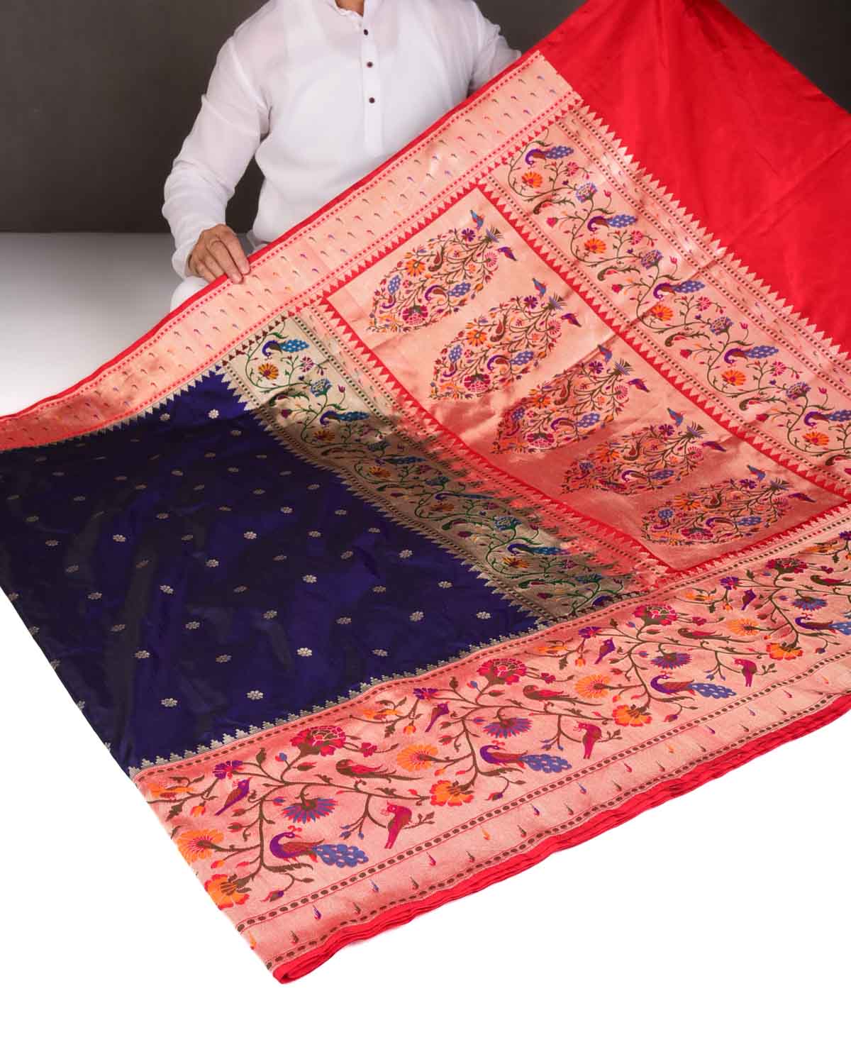 Navy Blue Mayur Paithani Cutwork Brocade Handwoven Katan Silk Banarasi Saree-HolyWeaves