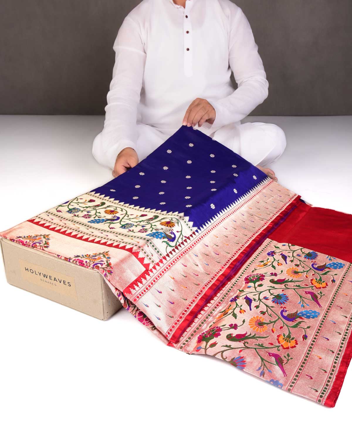 Navy Blue Mayur Paithani Cutwork Brocade Handwoven Katan Silk Banarasi Saree-HolyWeaves