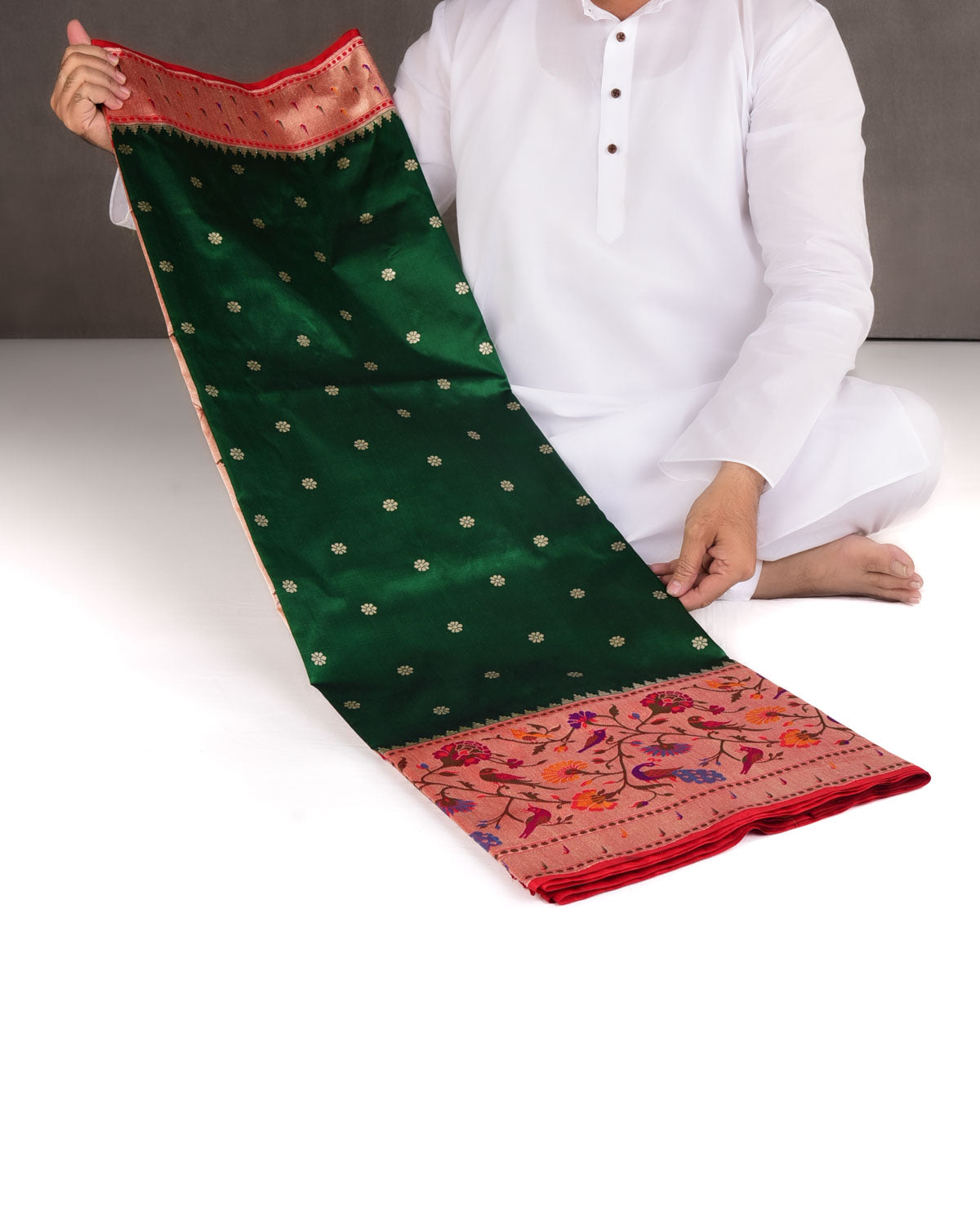 Sacramento Green Mayur Paithani Cutwork Brocade Handwoven Katan Silk Banarasi Saree