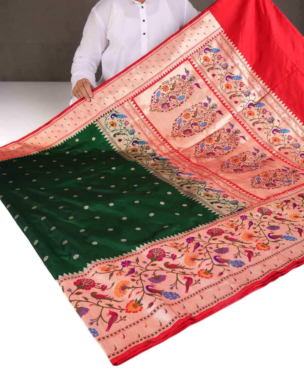 Sacramento Green Mayur Paithani Cutwork Brocade Handwoven Katan Silk Banarasi Saree