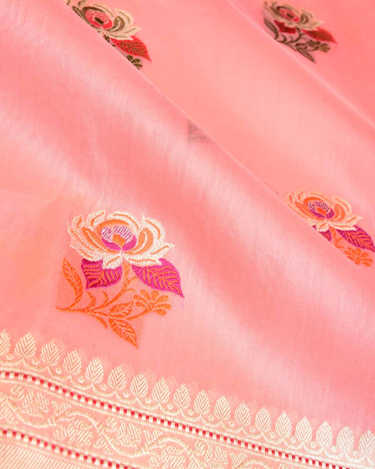 Peach Zari & Resham Gulab Buta Kadhuan Brocade Handwoven Kora Silk Banarasi Saree-HolyWeaves