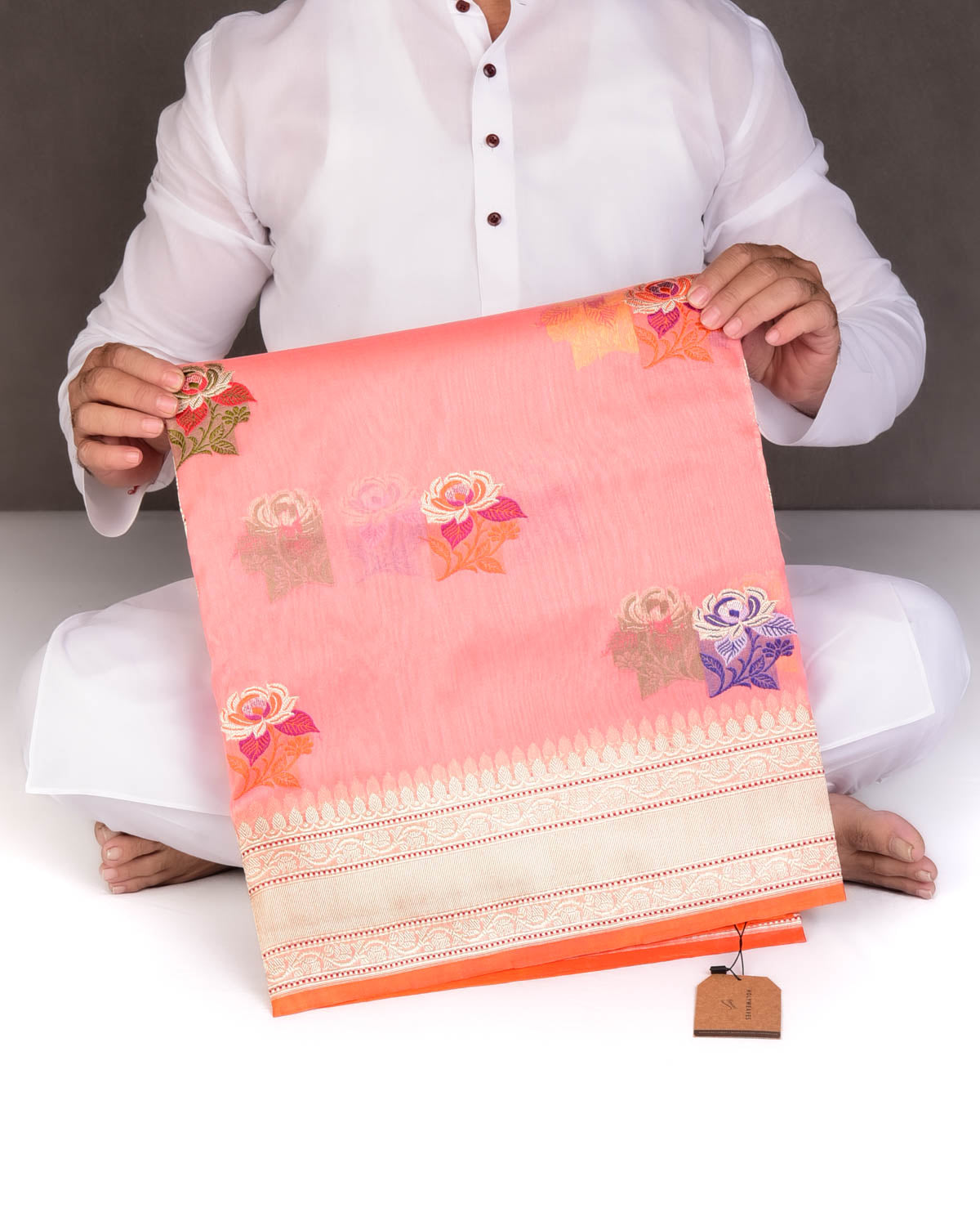 Peach Zari & Resham Gulab Buta Kadhuan Brocade Handwoven Kora Silk Banarasi Saree-HolyWeaves
