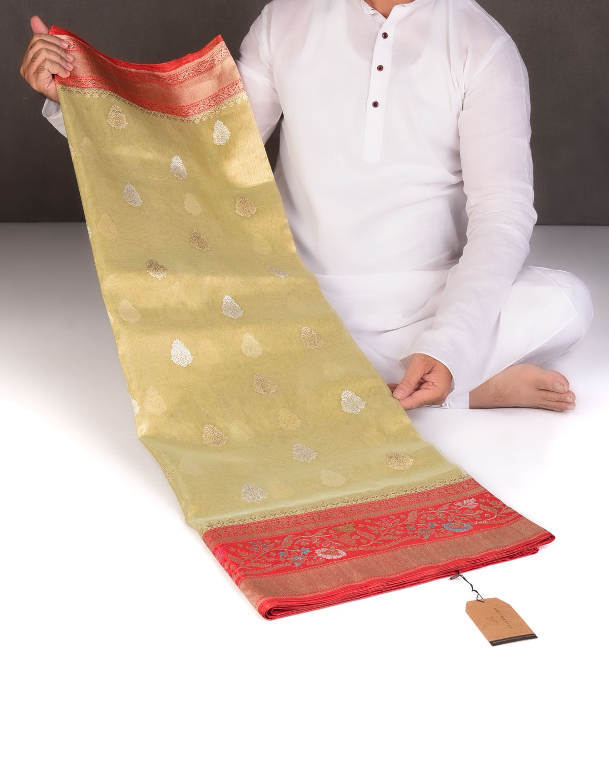 Metallic Golden Green Zari Buta Kadhuan Brocade Handwoven Kora Tissue Banarasi Saree with Satin Meenekari Border Pallu-HolyWeaves