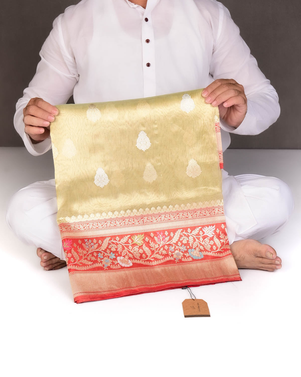 Metallic Golden Green Zari Buta Kadhuan Brocade Handwoven Kora Tissue Banarasi Saree with Satin Meenekari Border Pallu-HolyWeaves