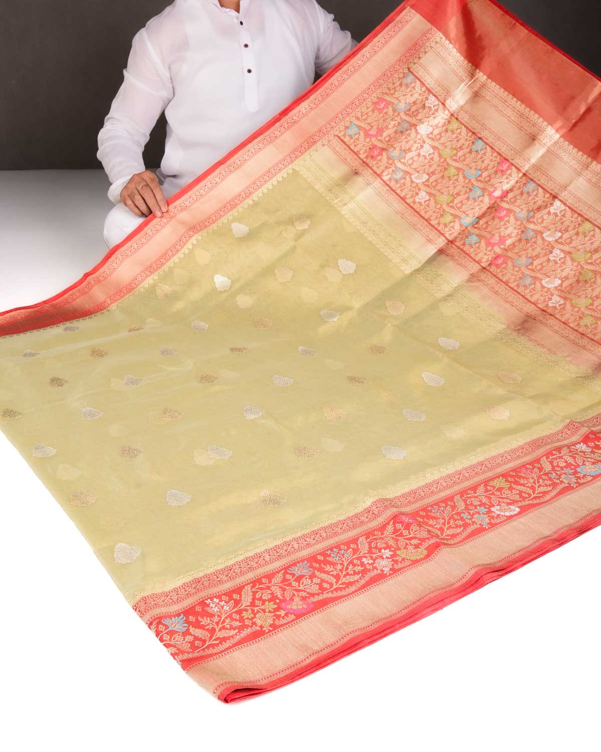 Metallic Golden Green Zari Buta Kadhuan Brocade Handwoven Kora Tissue Banarasi Saree with Satin Meenekari Border Pallu-HolyWeaves