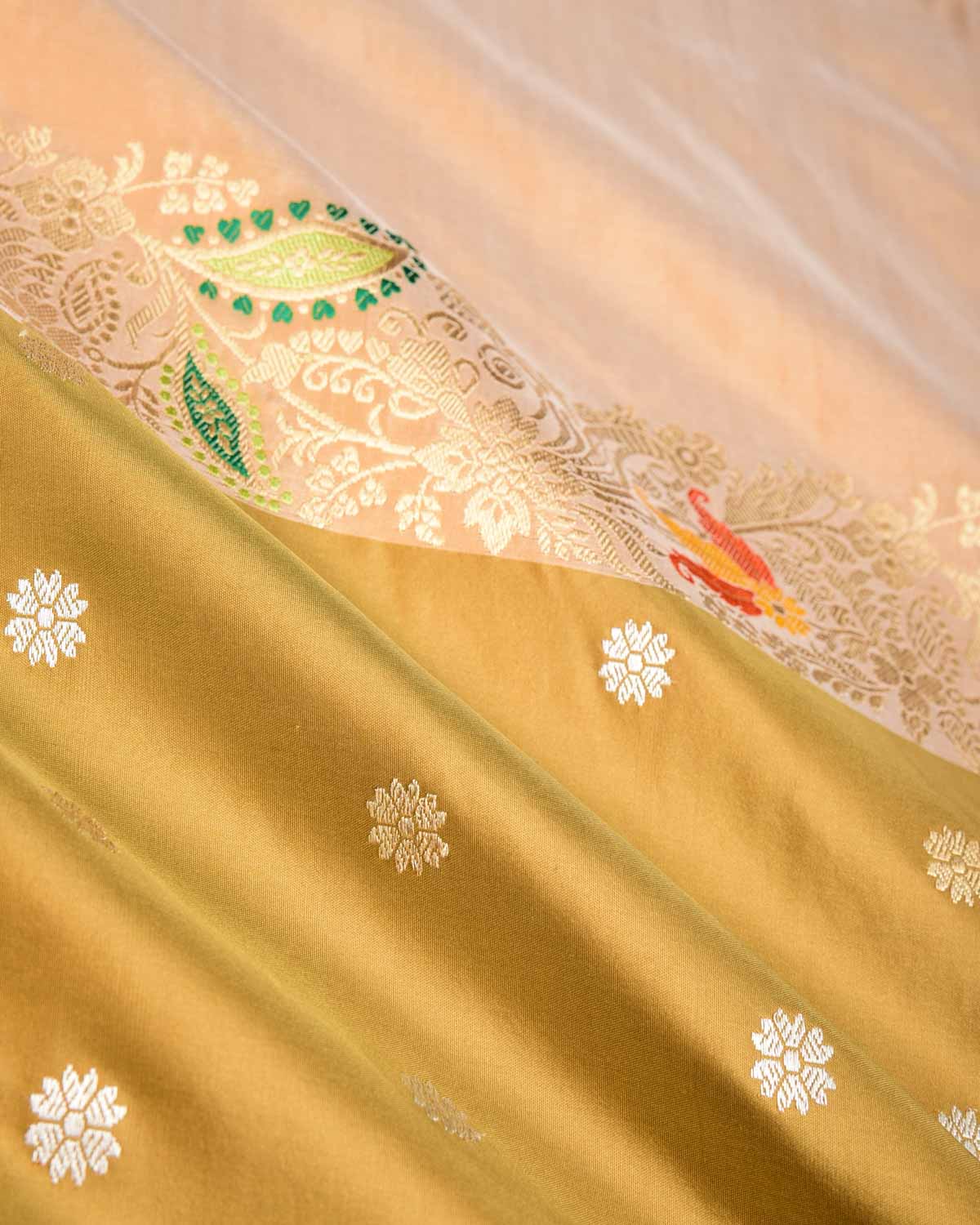 2-Tone Beige Gold & Silver Zari with Meenekari Kadhuan Brocade Handwoven Katan Silk Banarasi Saree-HolyWeaves