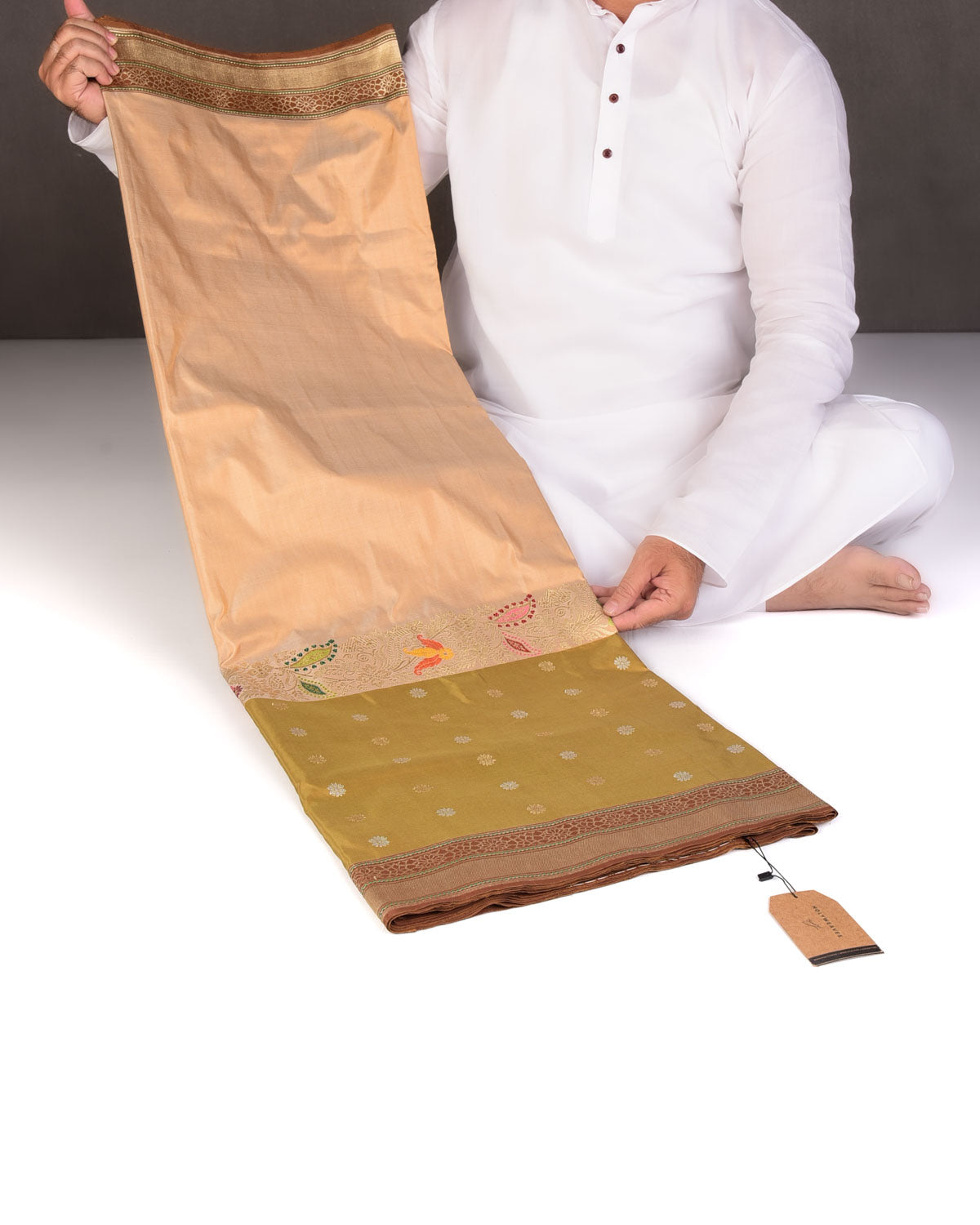 2-Tone Beige Gold & Silver Zari with Meenekari Kadhuan Brocade Handwoven Katan Silk Banarasi Saree-HolyWeaves