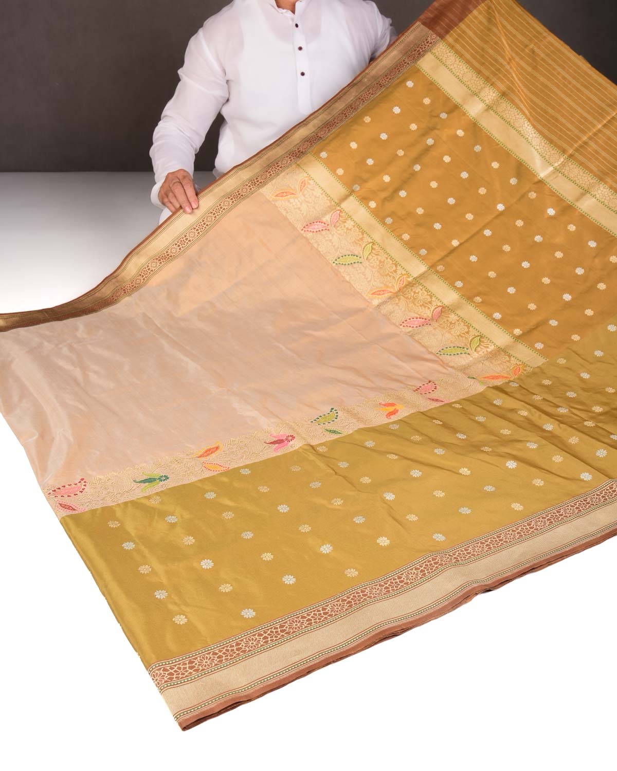 2-Tone Beige Gold & Silver Zari with Meenekari Kadhuan Brocade Handwoven Katan Silk Banarasi Saree-HolyWeaves