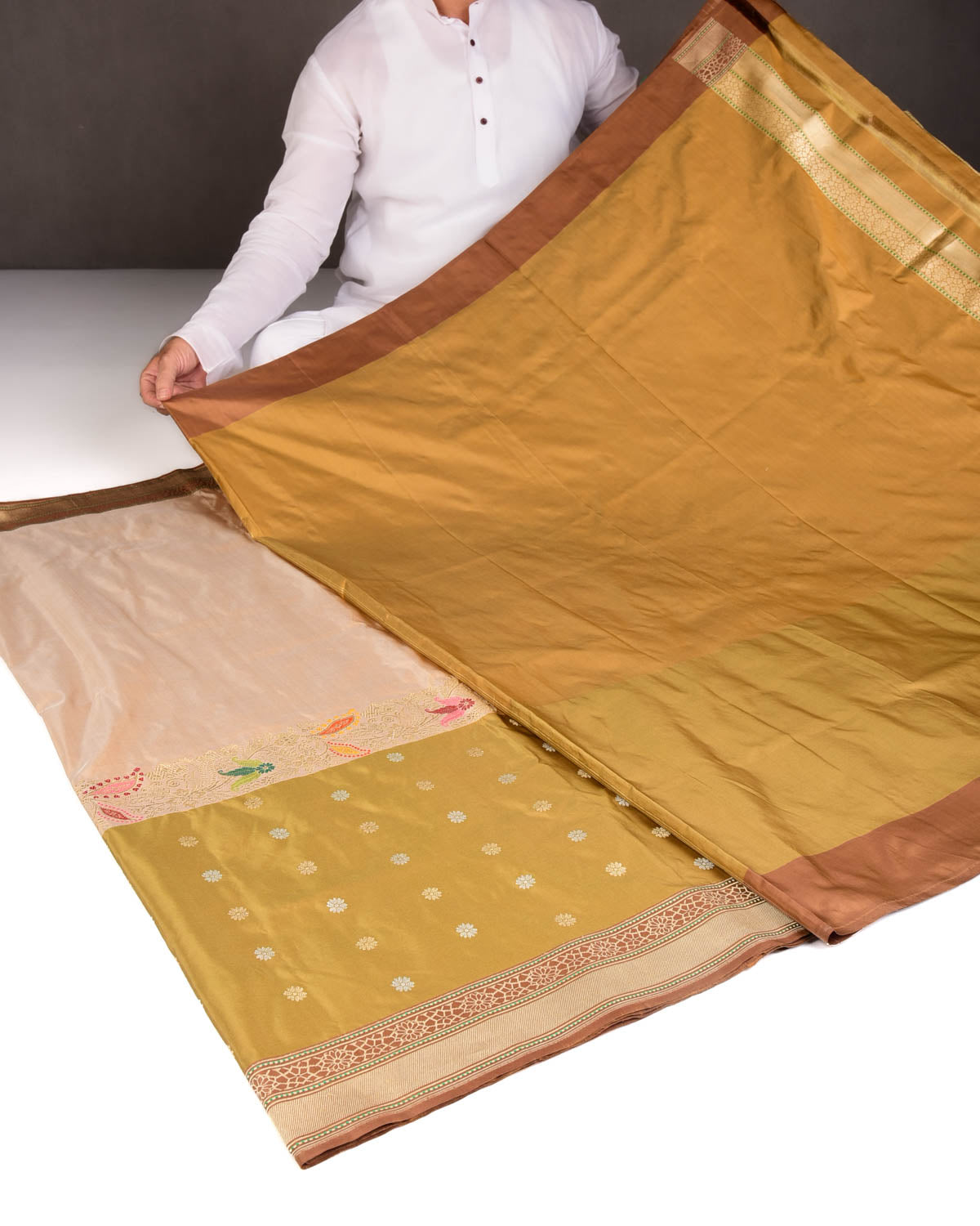 2-Tone Beige Gold & Silver Zari with Meenekari Kadhuan Brocade Handwoven Katan Silk Banarasi Saree-HolyWeaves