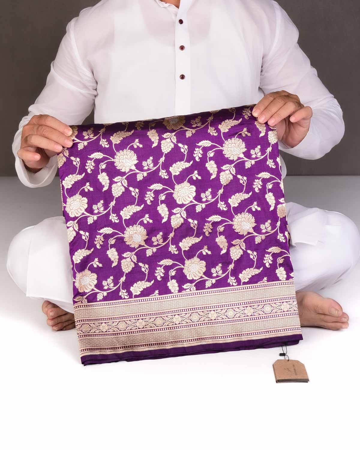 Purple Gold & Silver Zari Floral Jaal Cutwork Brocade Handwoven Katan Silk Banarasi Saree-HolyWeaves