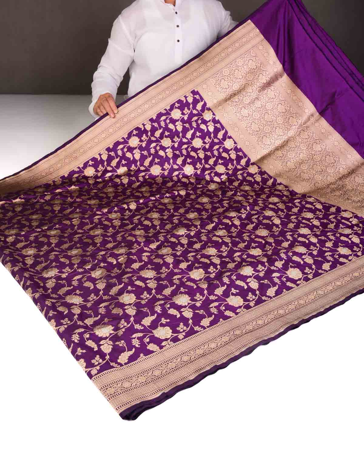 Purple Gold & Silver Zari Floral Jaal Cutwork Brocade Handwoven Katan Silk Banarasi Saree-HolyWeaves