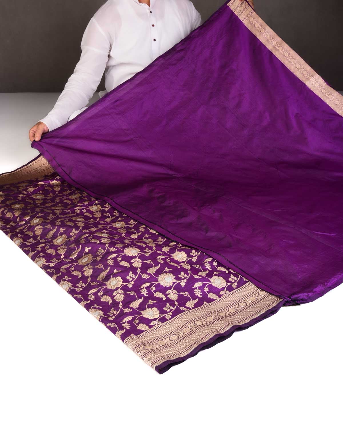 Purple Gold & Silver Zari Floral Jaal Cutwork Brocade Handwoven Katan Silk Banarasi Saree-HolyWeaves
