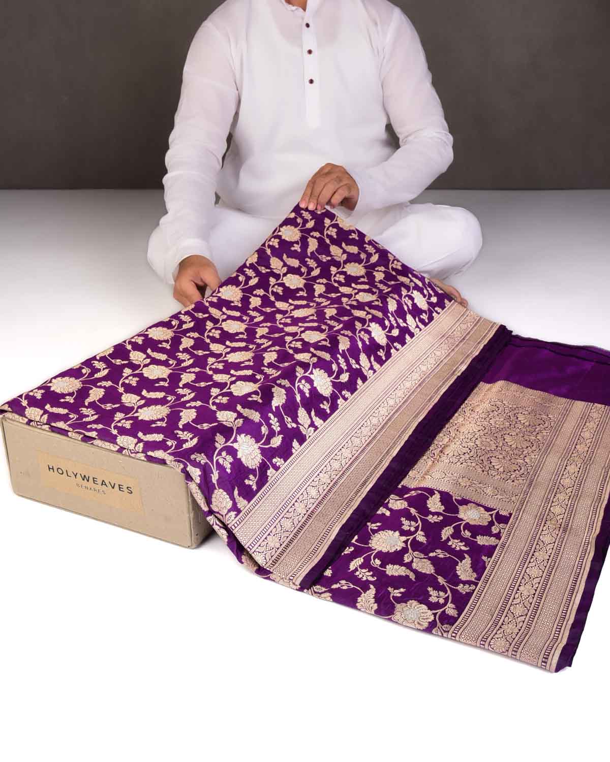Purple Gold & Silver Zari Floral Jaal Cutwork Brocade Handwoven Katan Silk Banarasi Saree-HolyWeaves