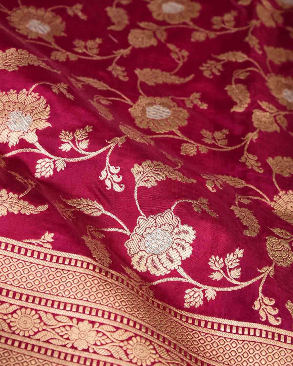 Magenta Gold & Silver Zari Floral Jaal Cutwork Brocade Handwoven Katan Silk Banarasi Saree