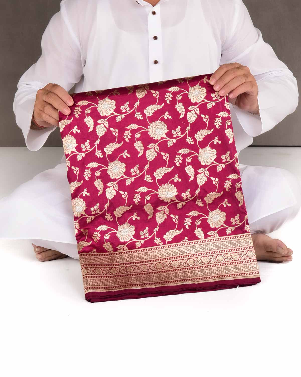 Magenta Gold & Silver Zari Floral Jaal Cutwork Brocade Handwoven Katan Silk Banarasi Saree