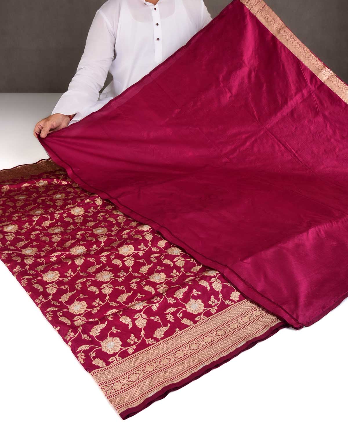 Magenta Gold & Silver Zari Floral Jaal Cutwork Brocade Handwoven Katan Silk Banarasi Saree