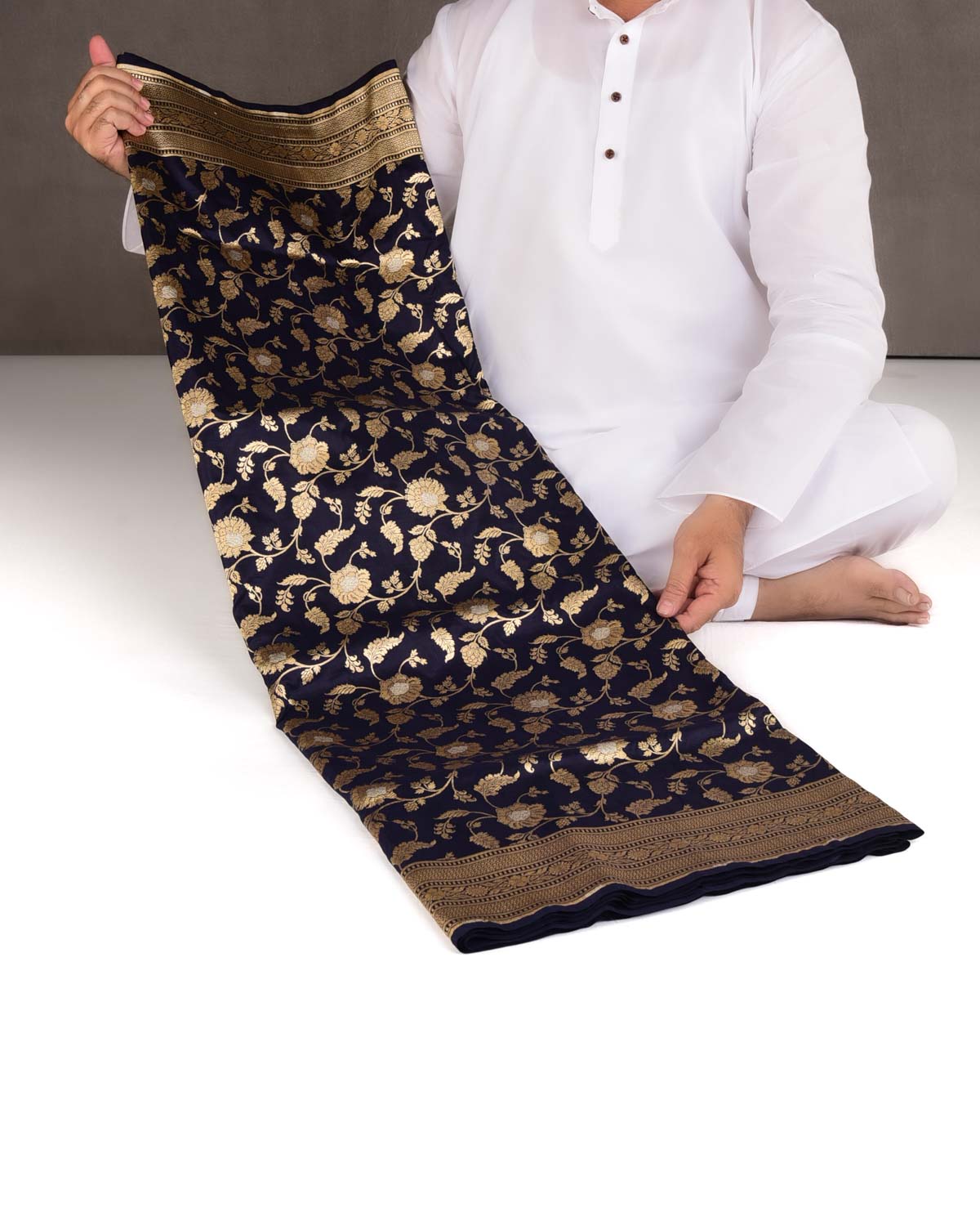 Navy Blue Gold & Silver Zari Floral Jaal Cutwork Brocade Handwoven Katan Silk Banarasi Saree