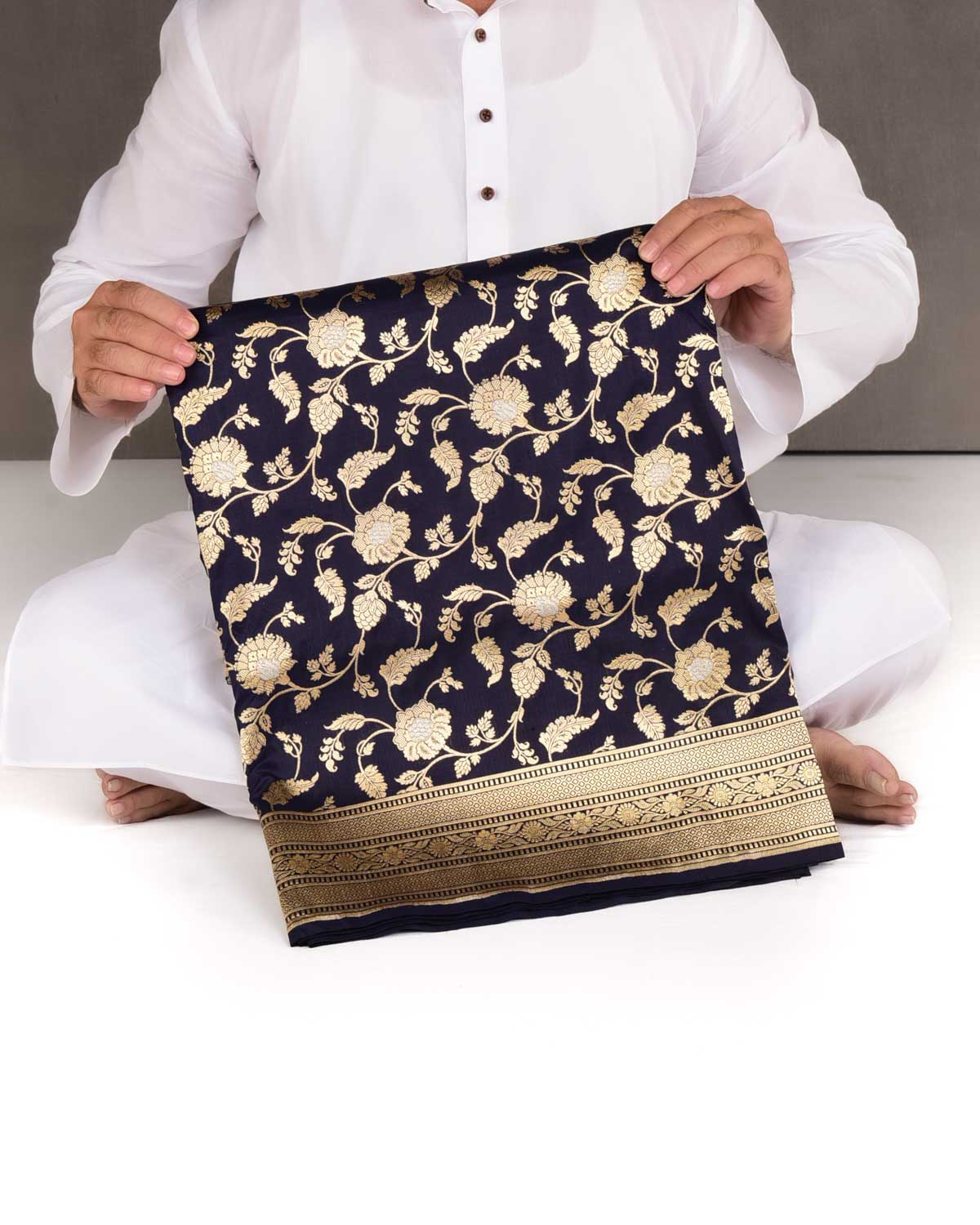 Navy Blue Gold & Silver Zari Floral Jaal Cutwork Brocade Handwoven Katan Silk Banarasi Saree