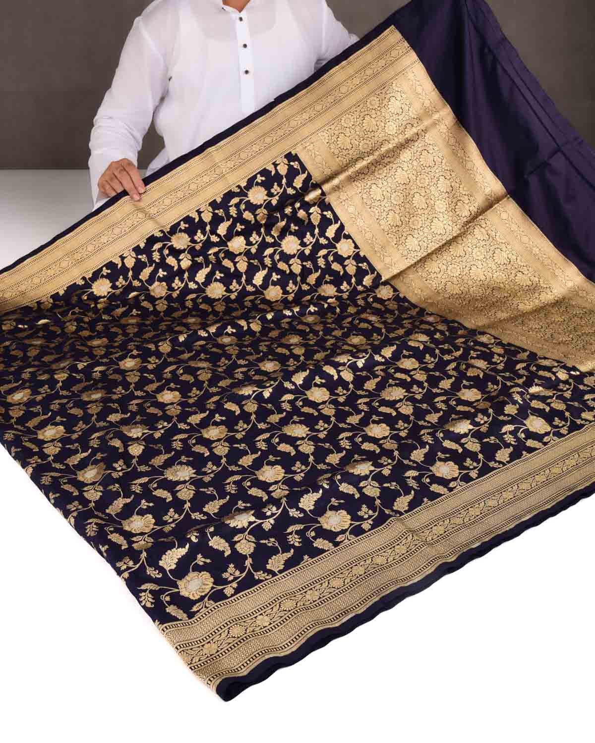 Navy Blue Gold & Silver Zari Floral Jaal Cutwork Brocade Handwoven Katan Silk Banarasi Saree