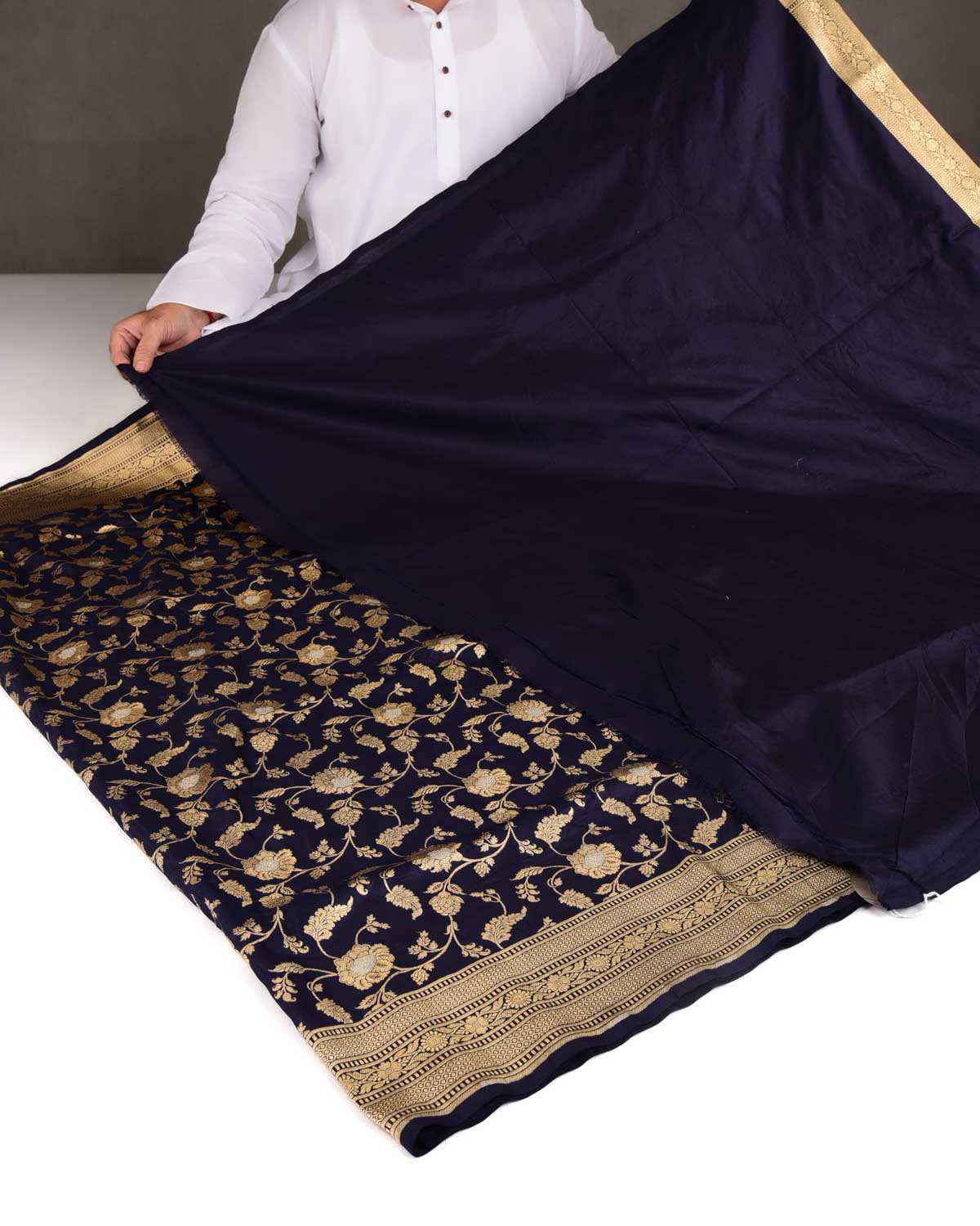Navy Blue Gold & Silver Zari Floral Jaal Cutwork Brocade Handwoven Katan Silk Banarasi Saree