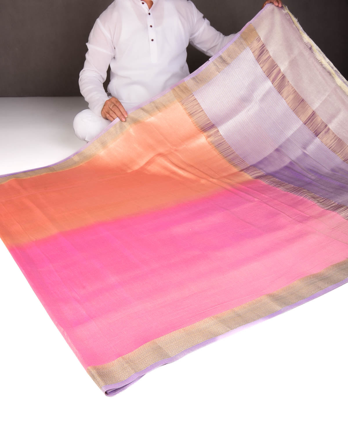 Ombre Metallic Pink-Orange Brocade Woven Katan Tissue Banarasi Saree with Contrast Border Pallu-HolyWeaves