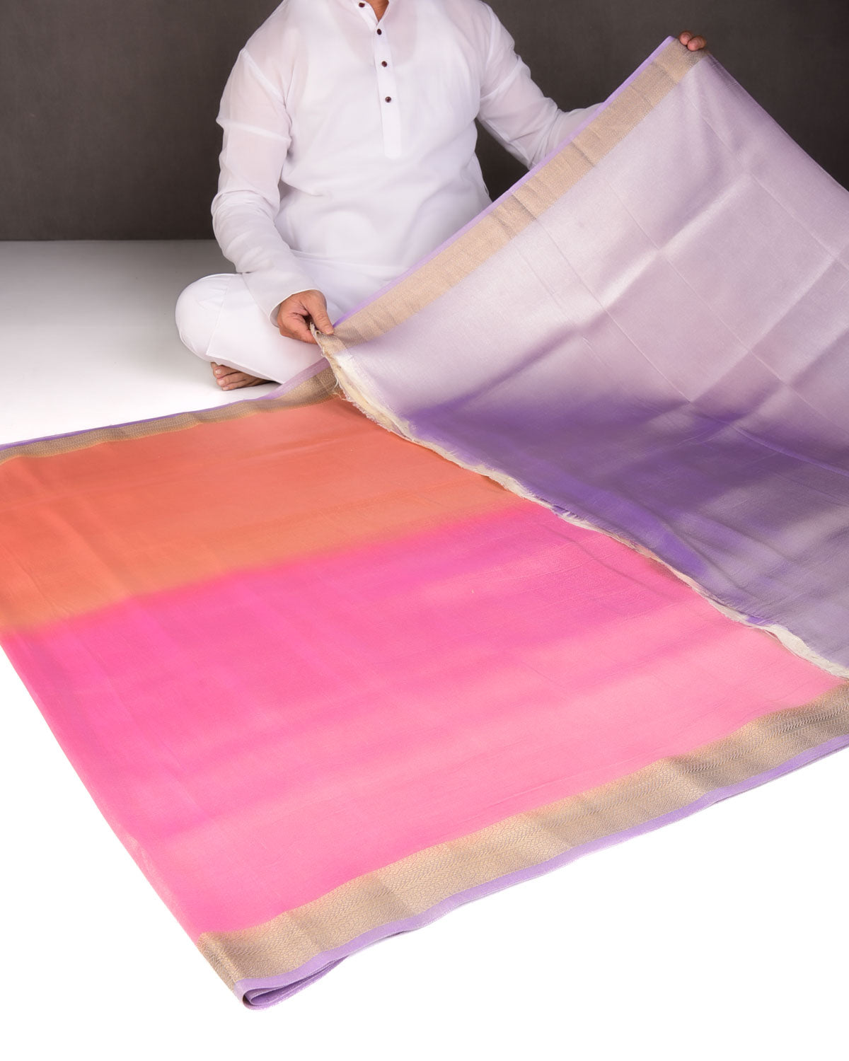 Ombre Metallic Pink-Orange Brocade Woven Katan Tissue Banarasi Saree with Contrast Border Pallu-HolyWeaves