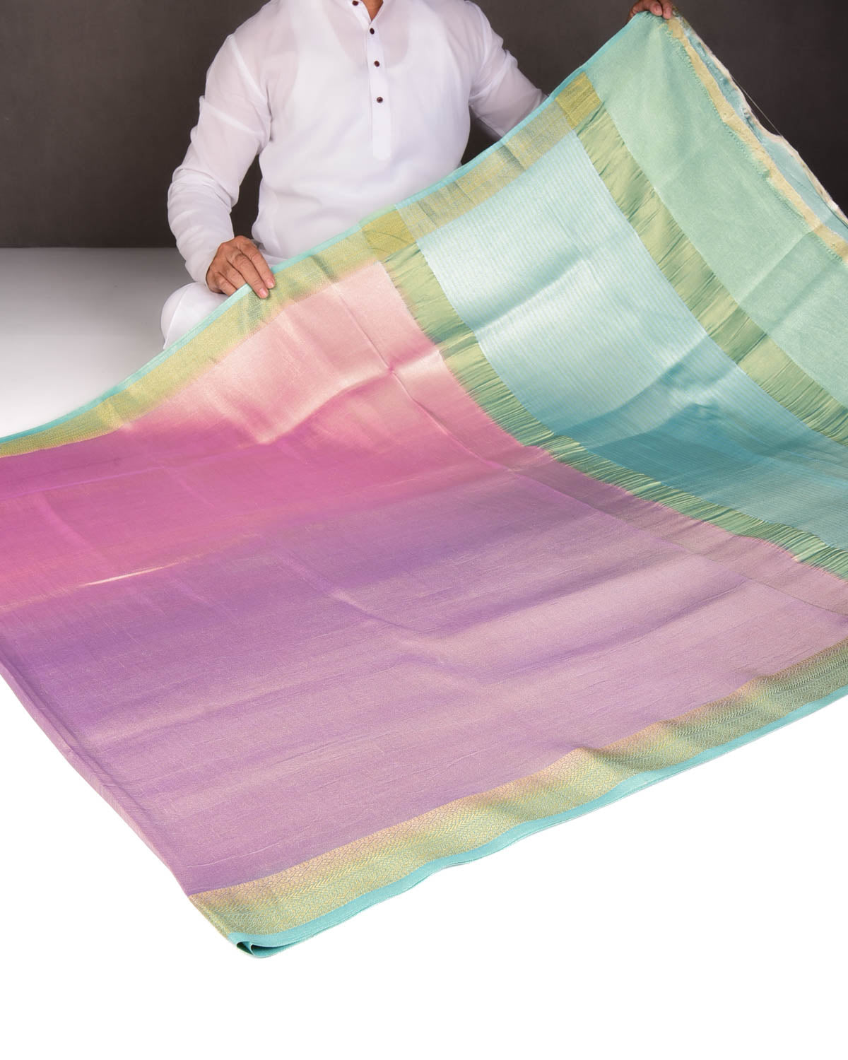 Ombre Metallic Pink-Mauve Brocade Woven Katan Tissue Banarasi Saree with Contrast Border Pallu-HolyWeaves