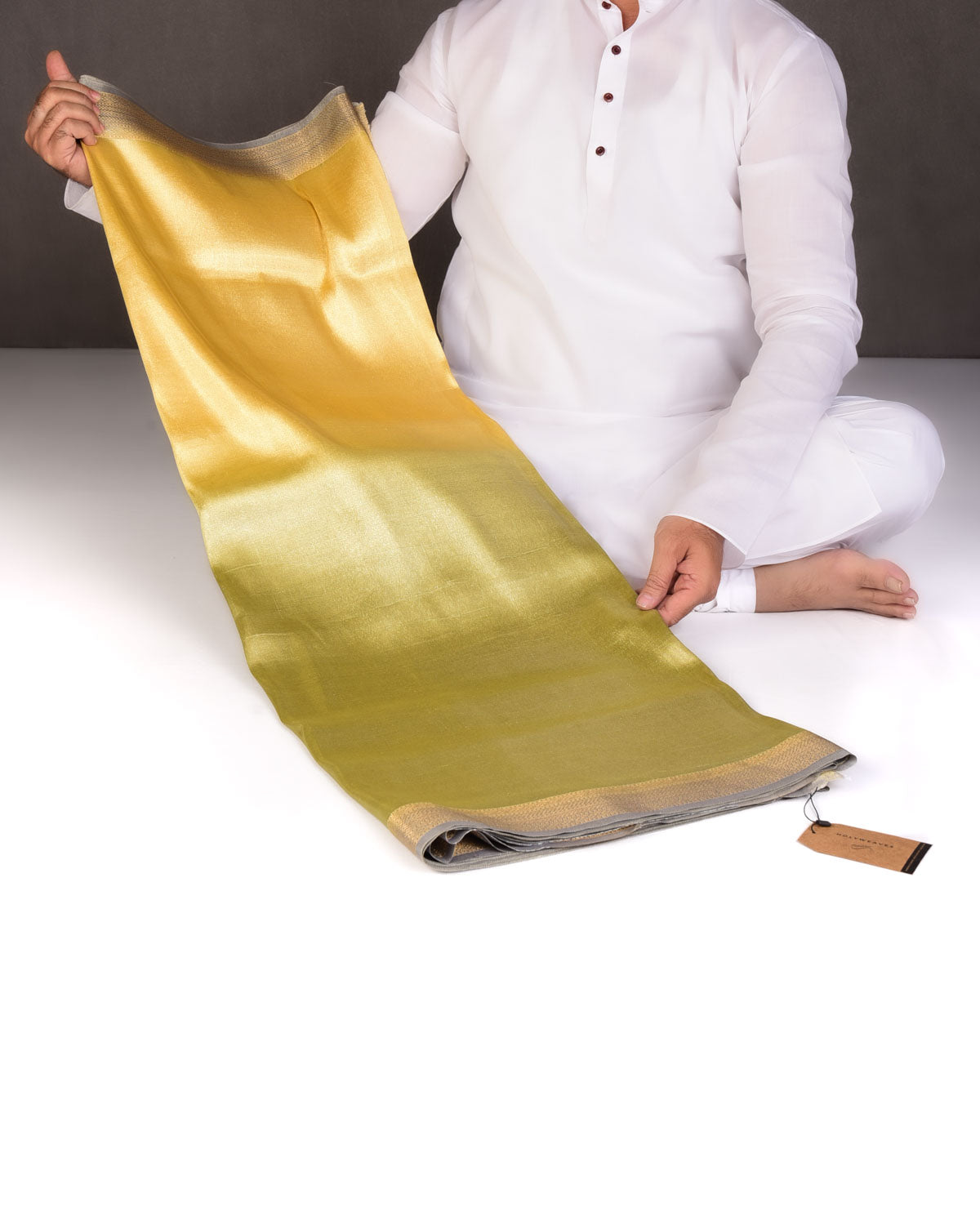 Ombre Metallic Yellow-Green Brocade Woven Katan Tissue Banarasi Saree with Contrast Border Pallu-HolyWeaves